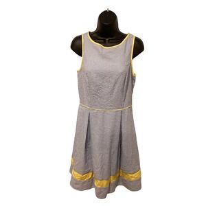 ELLE Seersucker Striped Sleeveless Dress Yellow Trim Fit Flare Women's Size S